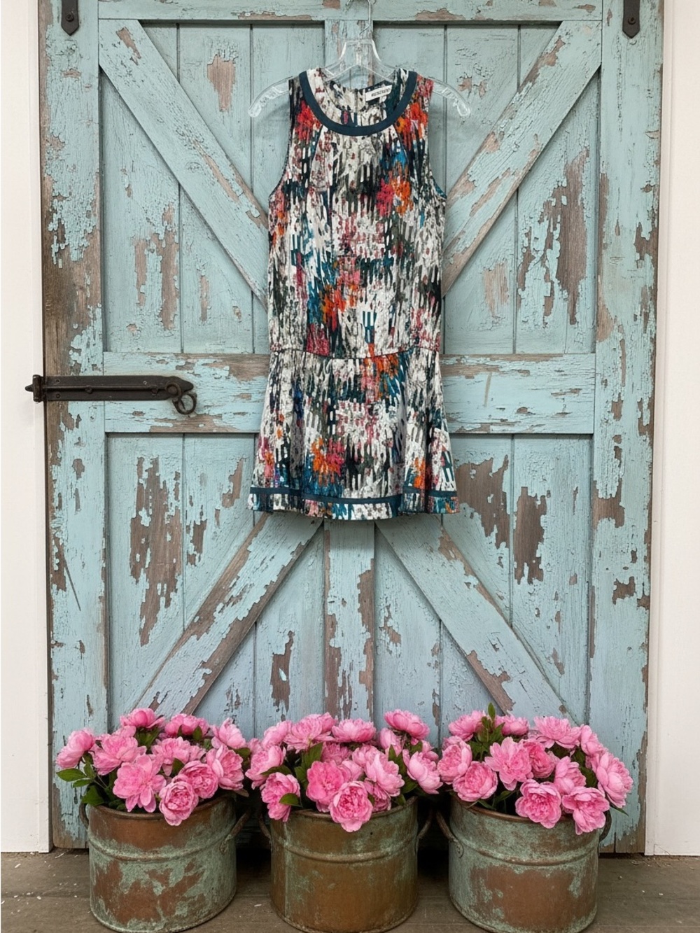 Elizabeth and James SILK Abstract Floral Midi Dress in White, Navy, Teal, Orange